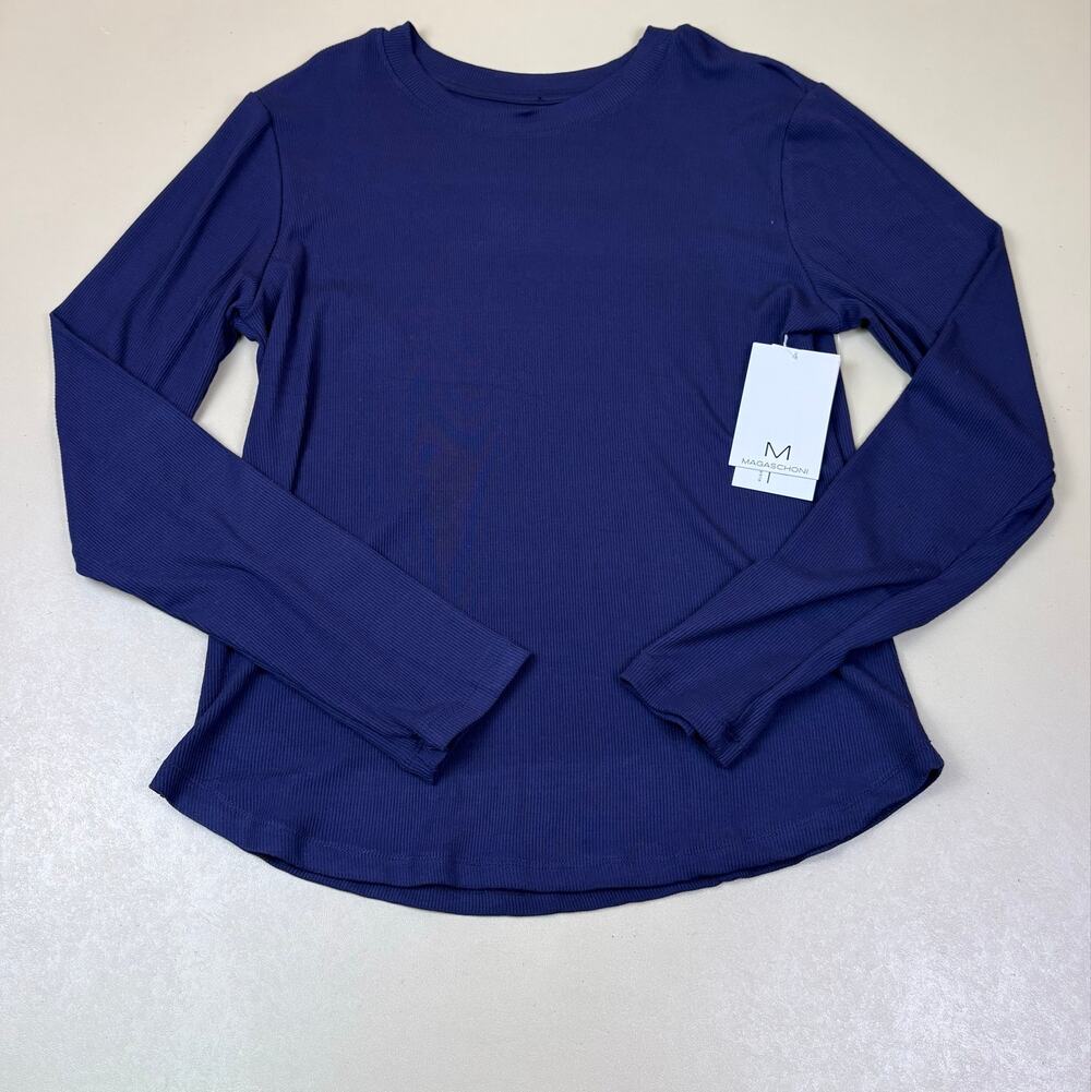 Magaschoni Women’s Large Navy Ribbed Modal Stretch Long Sleeve Top NWT